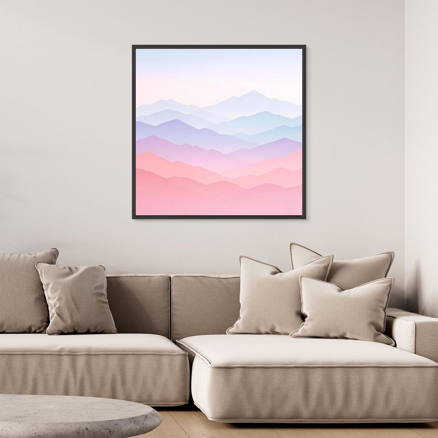 Leinwandbild mit pastellfarbenem Bergpanorama im schwarzen Rahmen