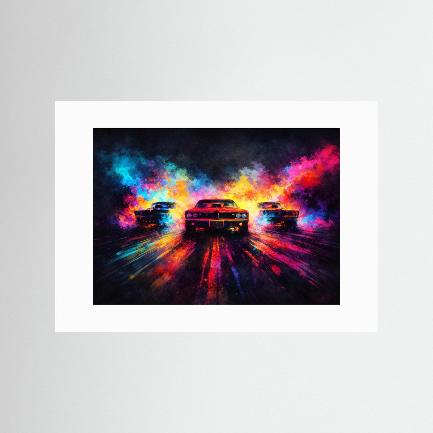 Explosive Neon Oldtimer | Buntes Retro Auto Wandbild & Kunst Poster Querformat