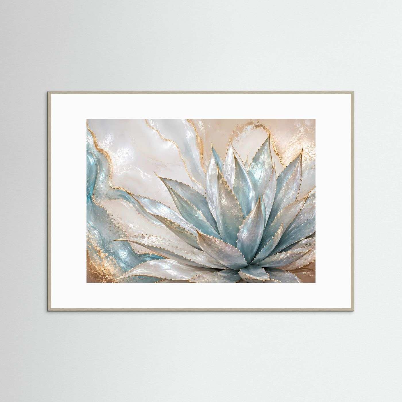 Poster mit abstrakter Agave in Blau, mit weißem Rahmen im Querformat