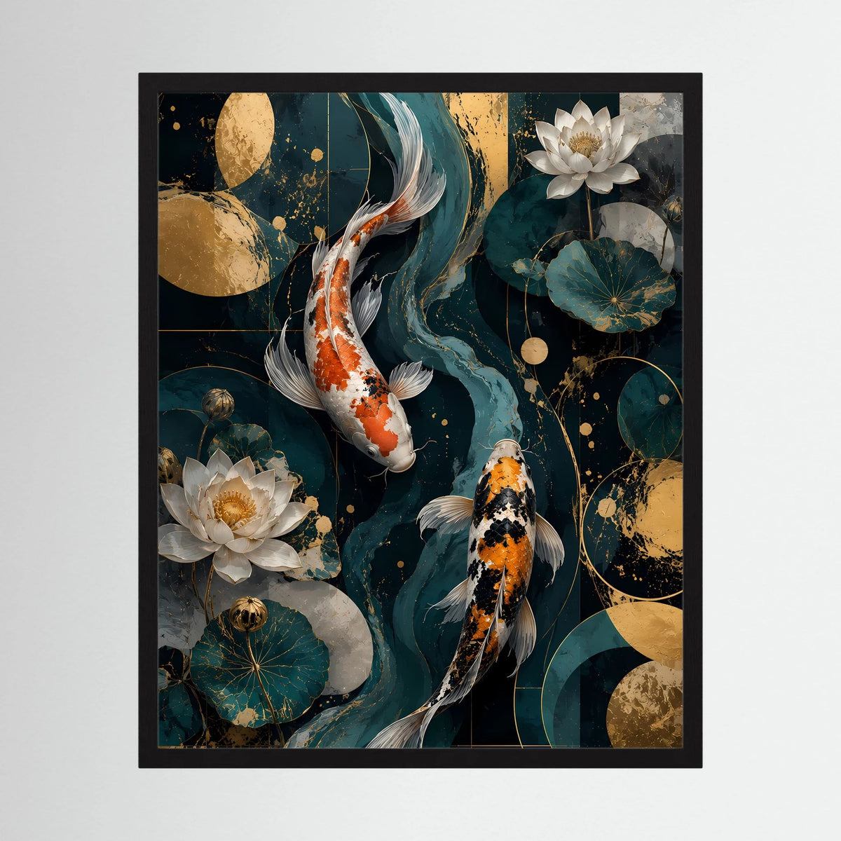 Schwarz gerahmtes Poster im Hochformat mit Koi-Fischen und Lotusblüten in Petrol und Gold