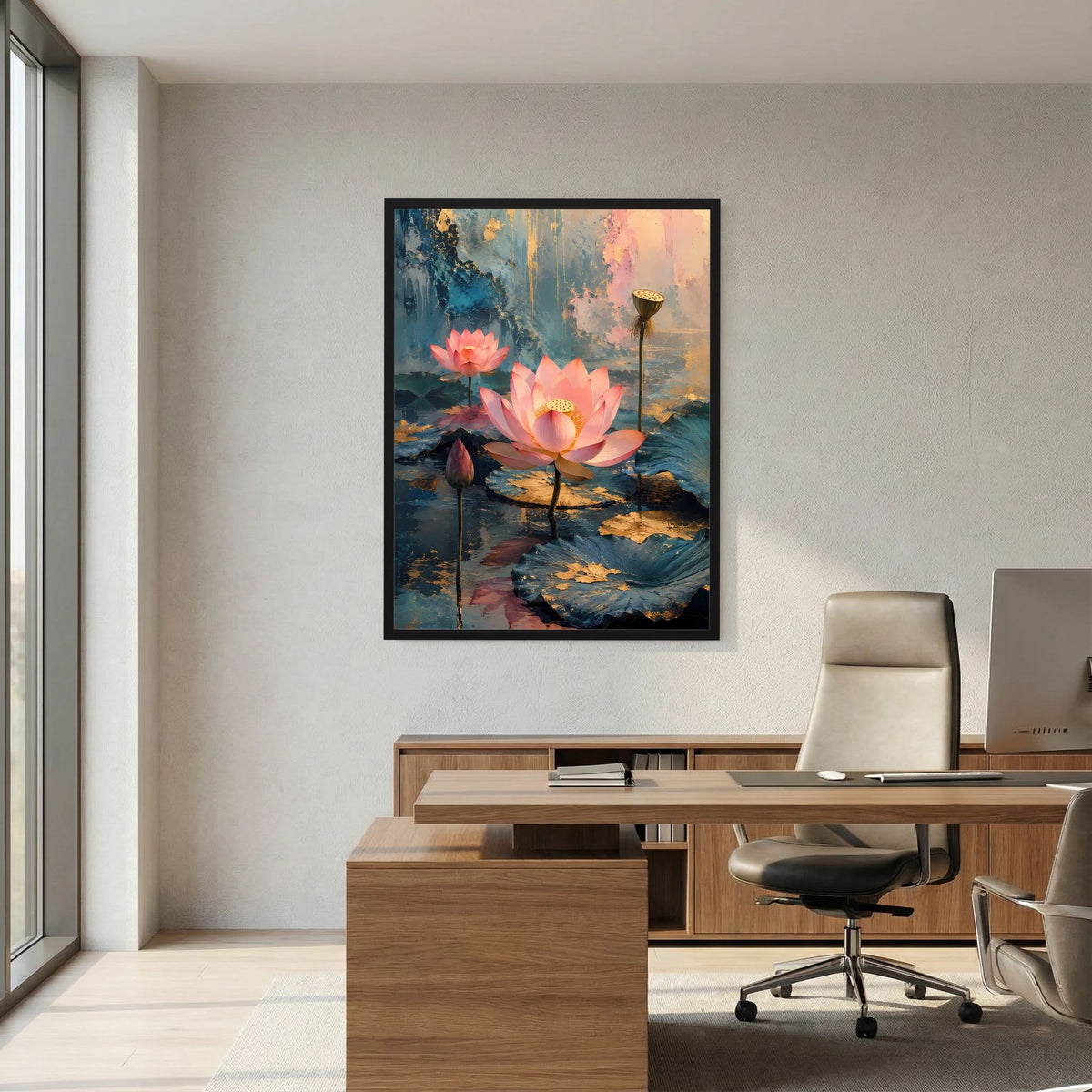 Gerahmtes Poster: rosa Lotusblüten auf türkisfarbenem Wasser mit goldfarbenen Lichteffekten