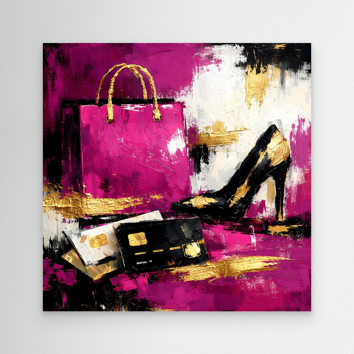 Leinwand Abstraktes Fashion Wandbild in Pink und Gold | Modernes High Heels & Shopping Gemälde