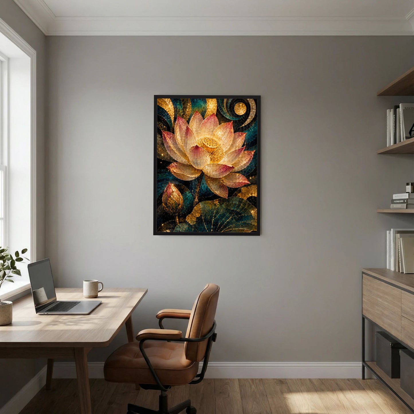 Poster im Hochformat mit zentraler Lotusblüte im Mosaik-Look, Goldakzente, Petrol und Rosa