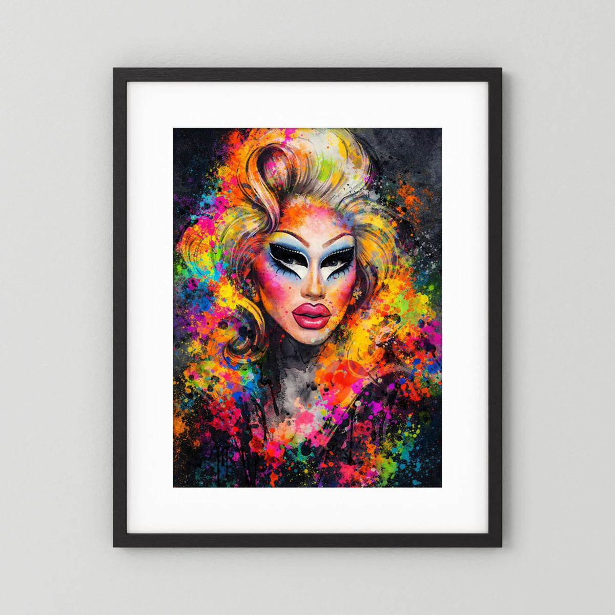 Wandbild: Drag-Queen-Porträt, abstrakt bunt, schwarzer Rahmen & weißes Passepartout
