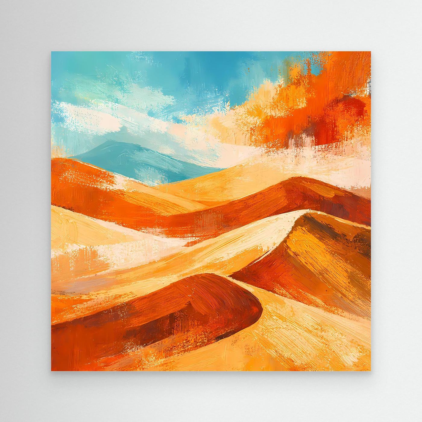 Abstract desert landscape canvas art with orange and gold dunes, no frame