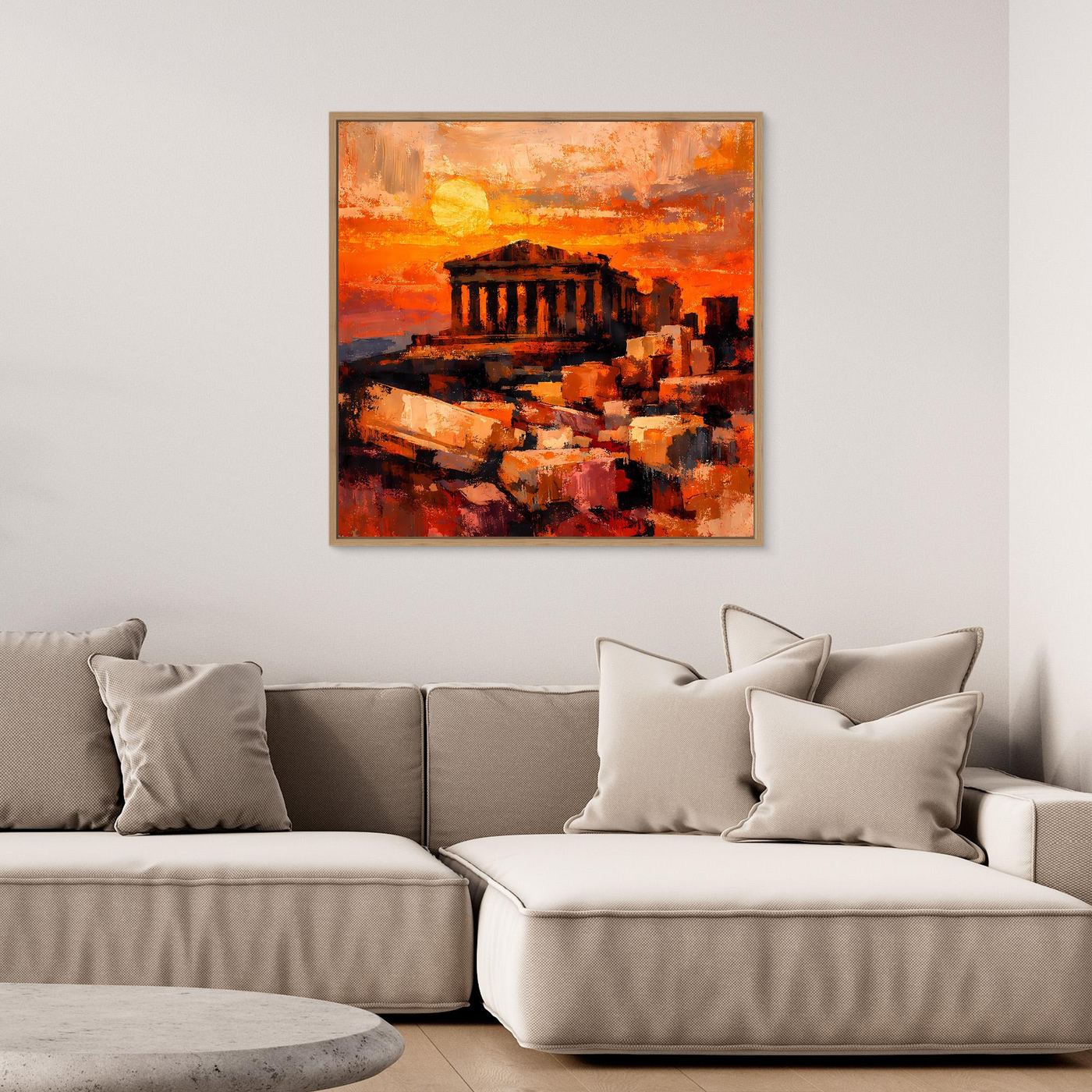 Leinwandbild mit abstraktem Akropolis-Sonnenuntergang, rechteckig, mit hellem Holzrahmen