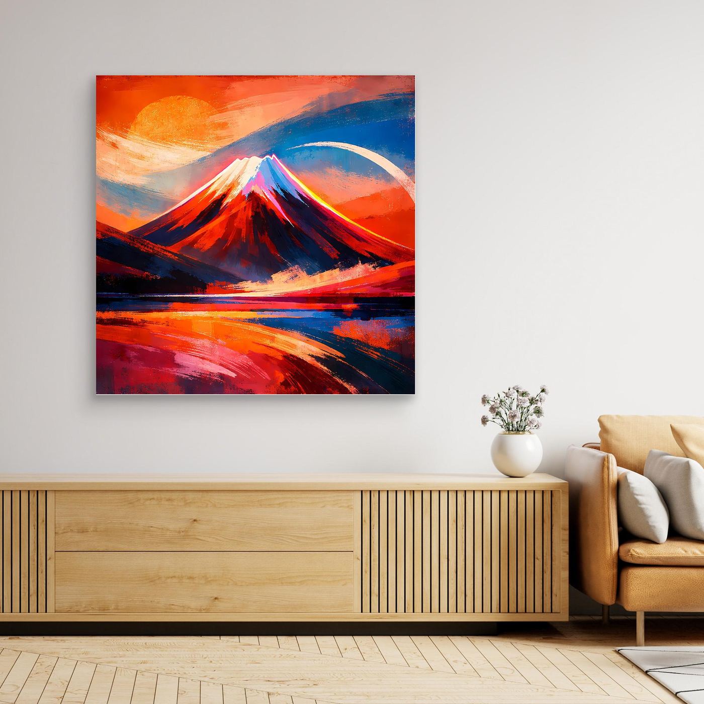 Wandbild aus Leinwand mit abstraktem Berg, roter Sonne und blauem Lichtbogen