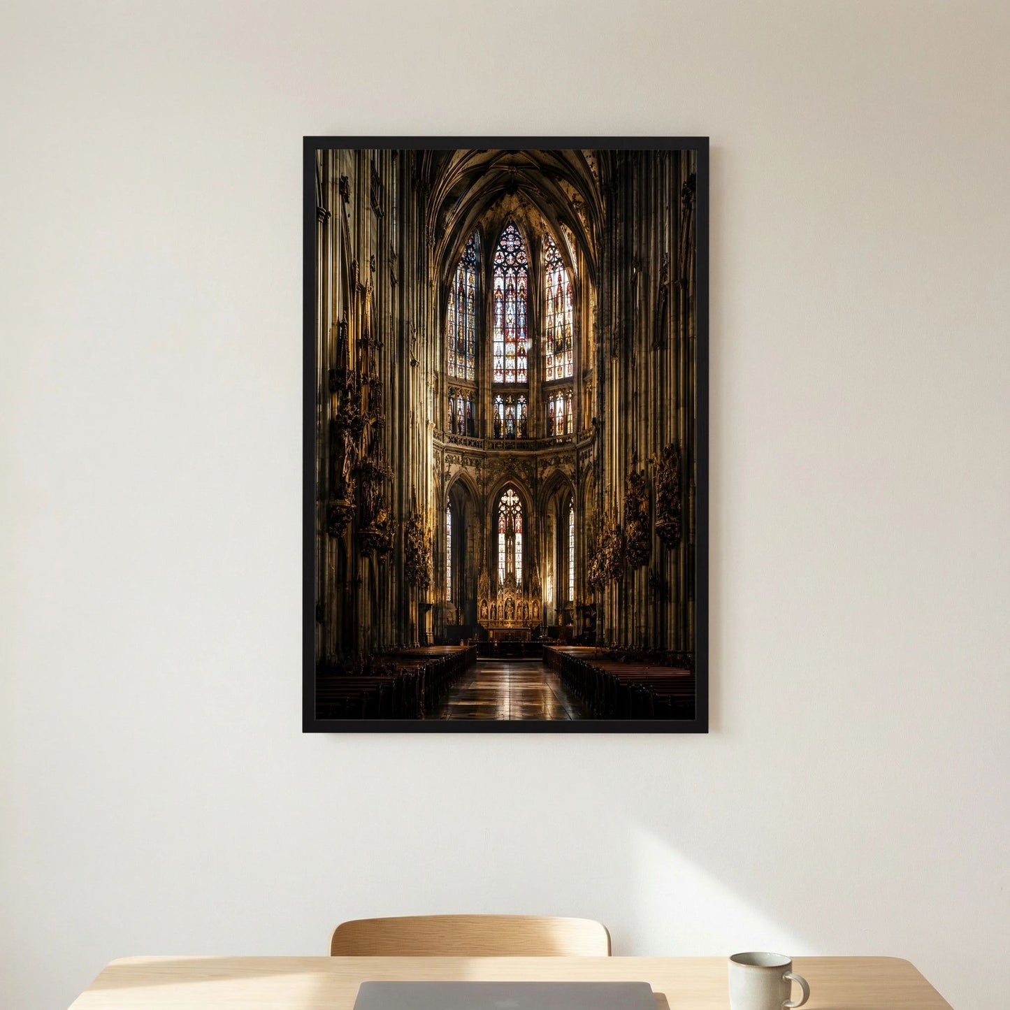 Gerahmtes Kunstposter: gotischer Kircheninnenraum mit Buntglasfenster, schwarz gerahmt
