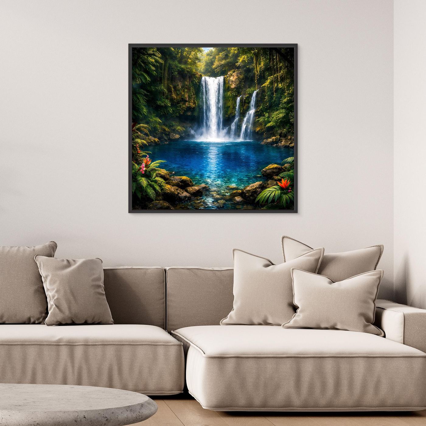 Leinwandbild mit tropischem Wasserfall, türkisblauem Wasser und Dschungel im schwarzen Rahmen
