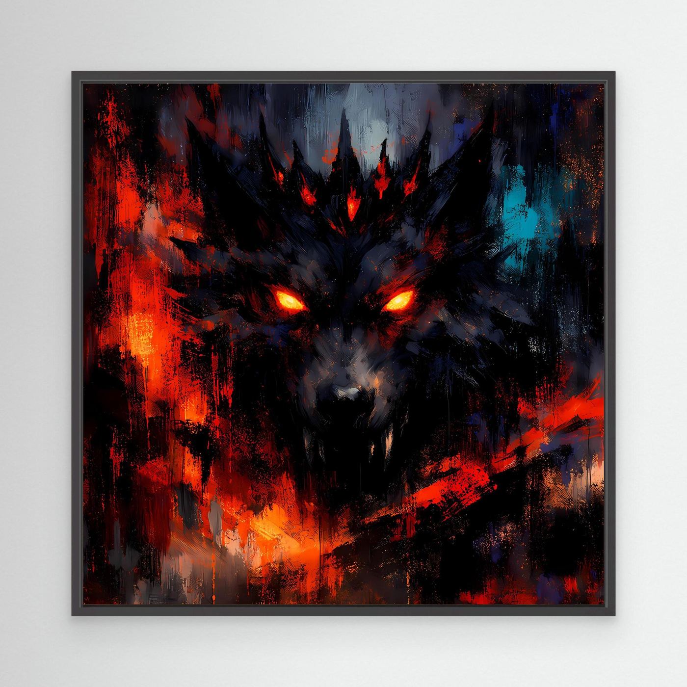 Abstraktes Leinwand-Wandbild mit Schattenwolf im schwarzen Rahmen, leuchtende Augen Rot und Blau