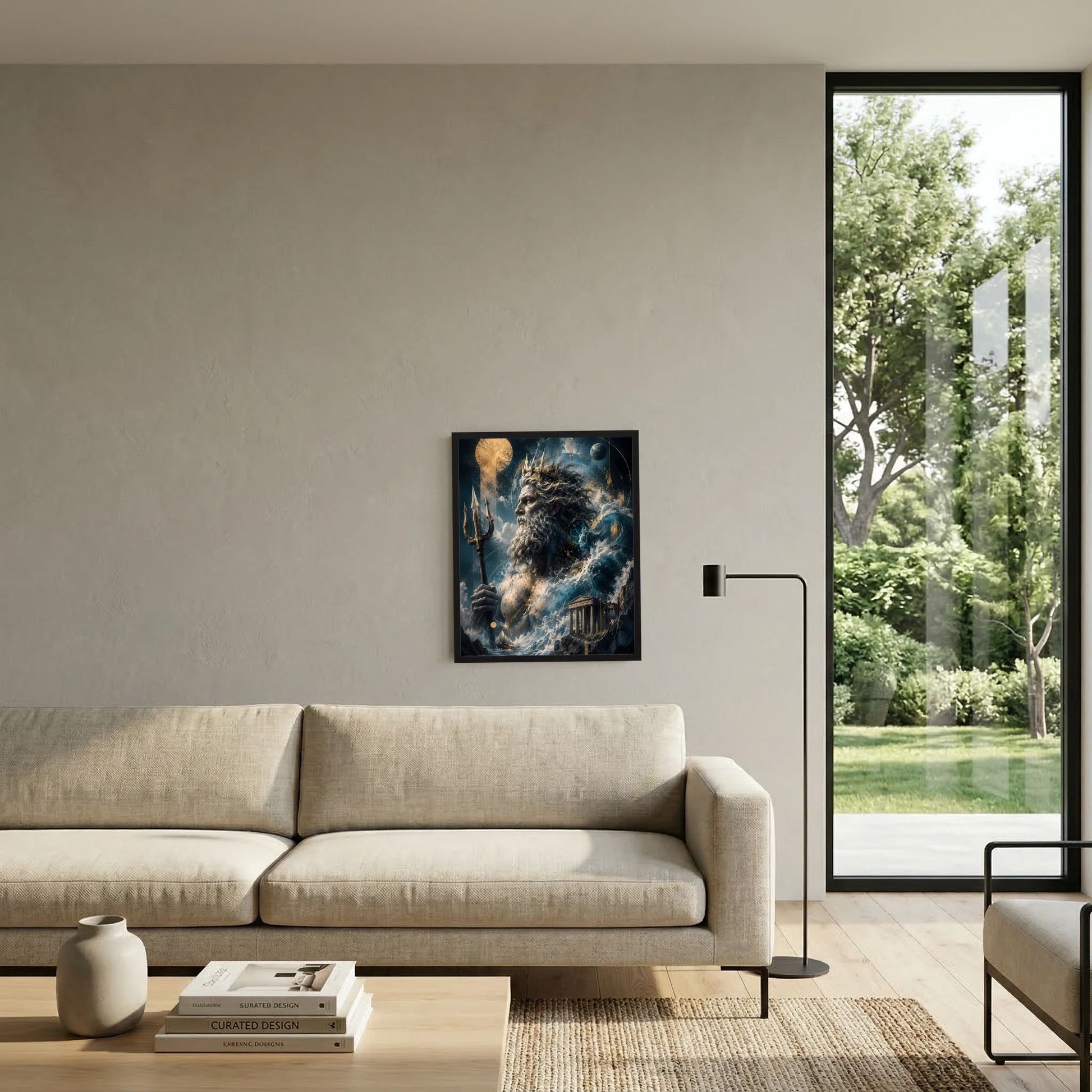 Hochformat-Poster: Poseidon mit Dreizack und Meeresschaum, schwarz gerahmt
