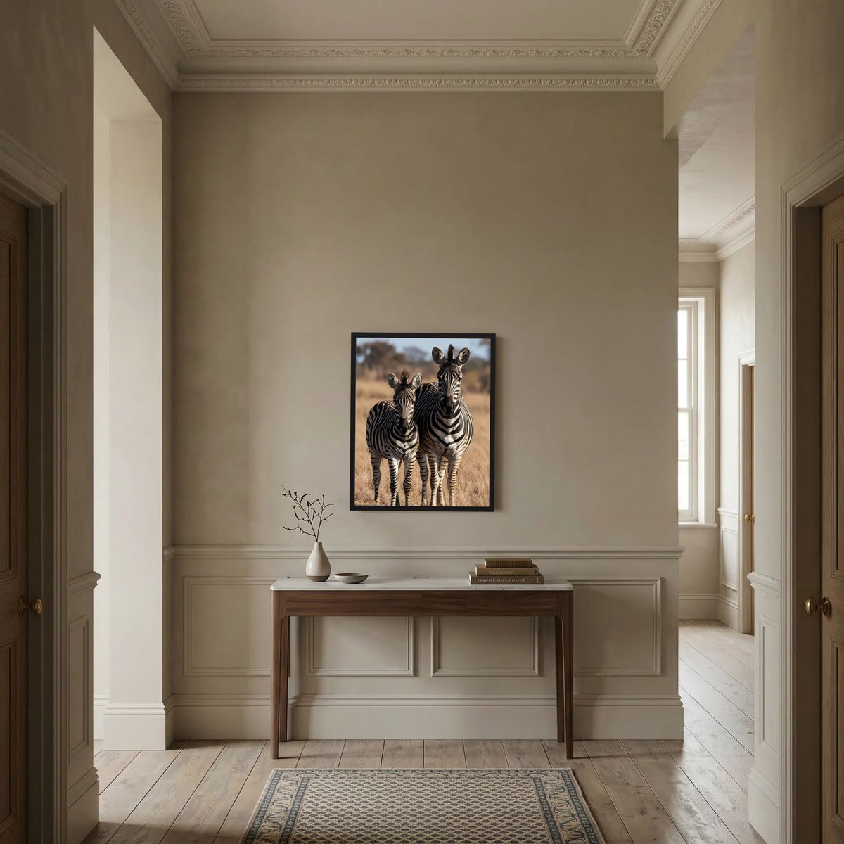 Gerahmtes Poster im Hochformat mit zwei Zebras, Muttertier und Jungtier