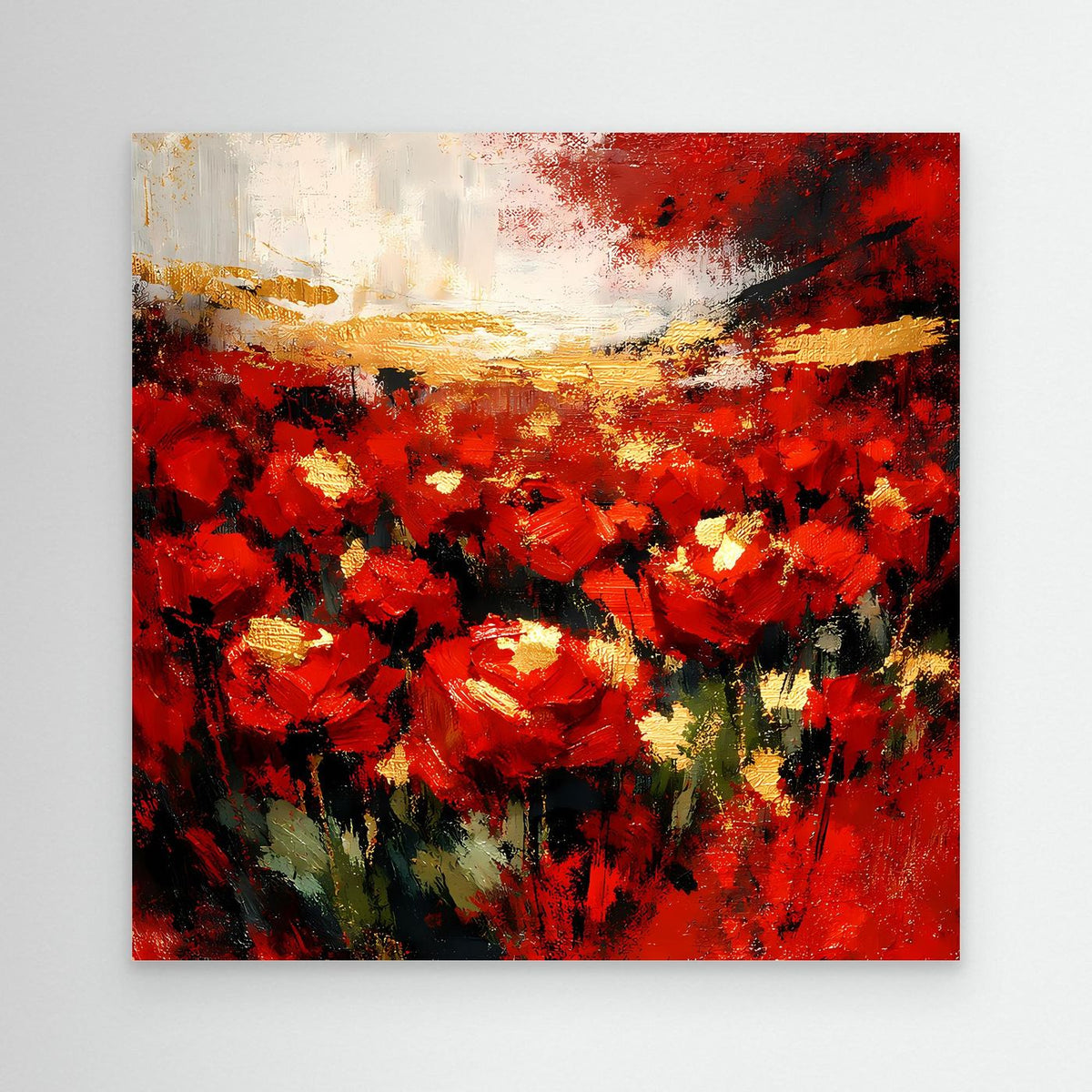 Leinwandbild mit abstraktem Blumenmotiv, rote Blüten und goldene Akzente