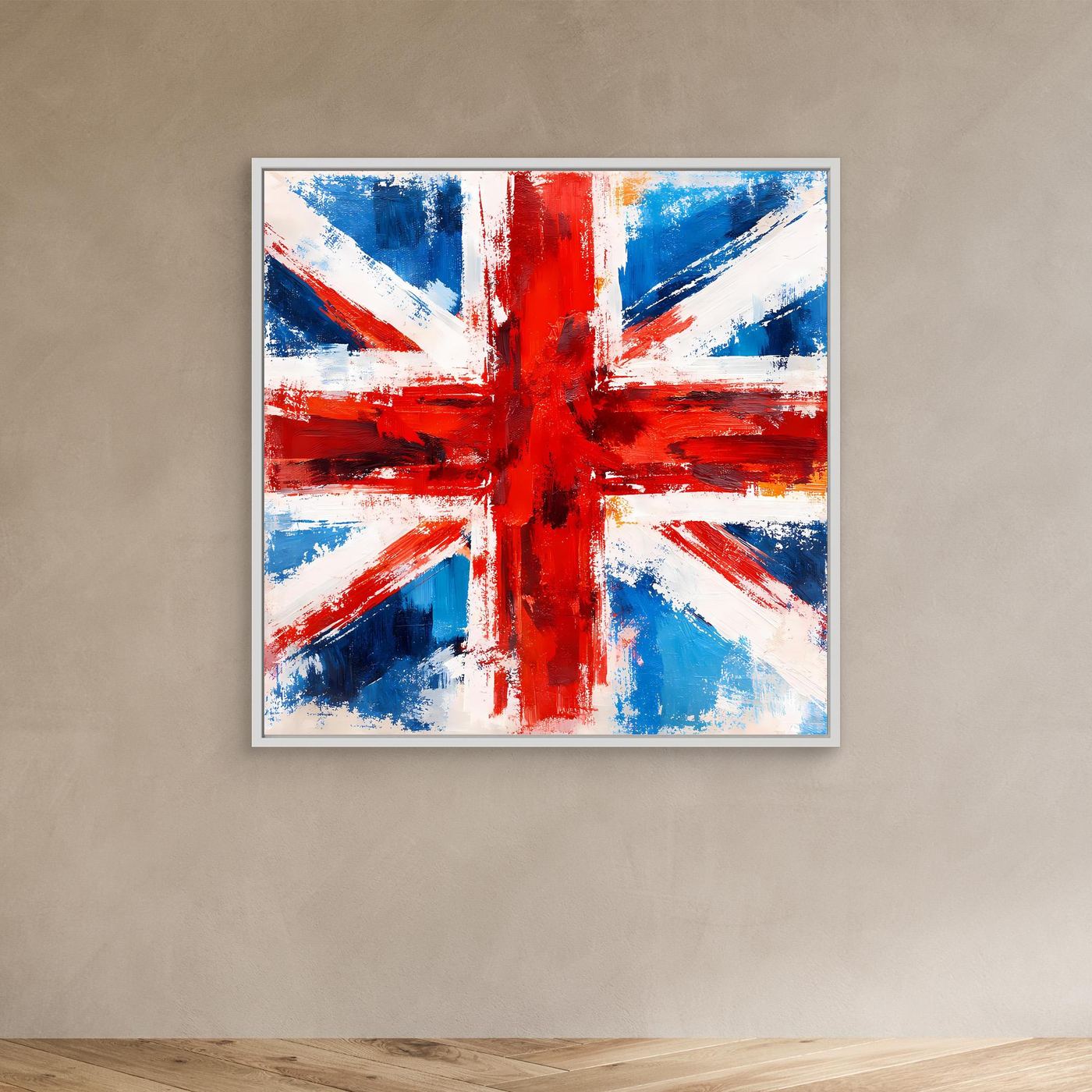 Abstract Union Jack canvas wall art with blue, red, and white brush strokes, white frame