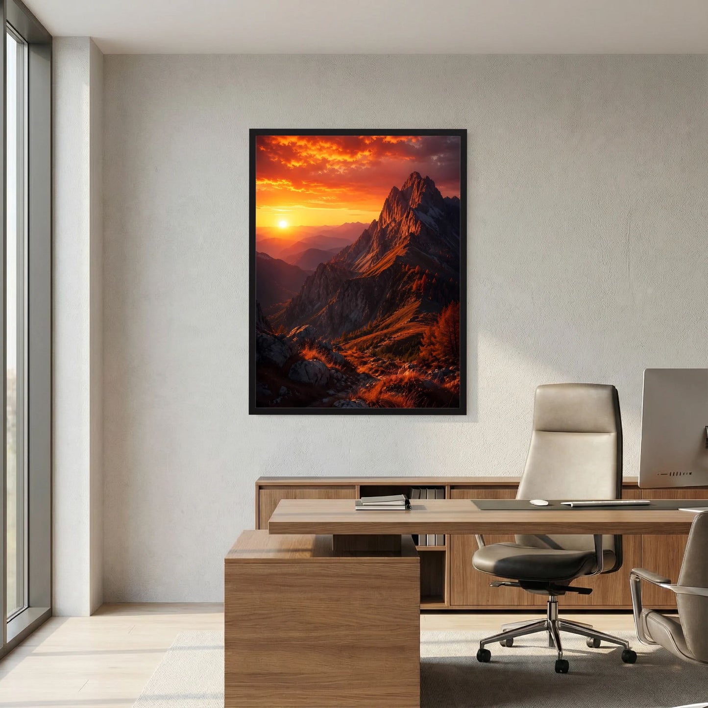 Wandposter mit Berglandschaft bei Sonnenuntergang, schwarzer Rahmen und warmes Orange im Bild