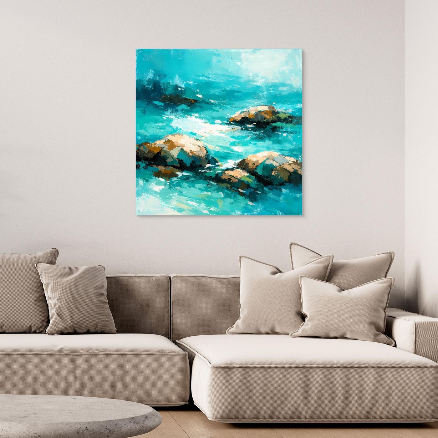 Leinwand Abstrakte Meereslandschaft mit Felsen | Modernes Küsten Wandbild Türkis