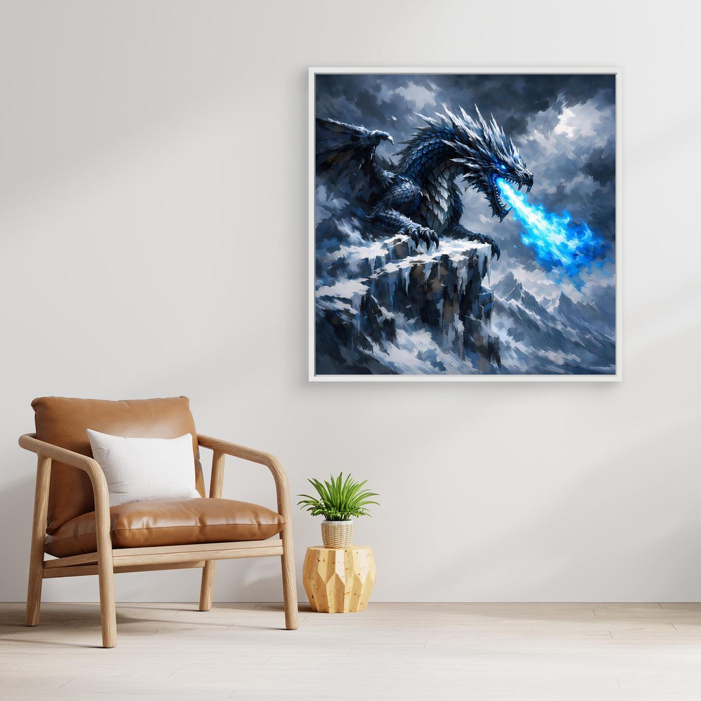Leinwand Eisdrache auf stürmischem Berggipfel | Episches Fantasy-Wandbild auf echter Leinwand