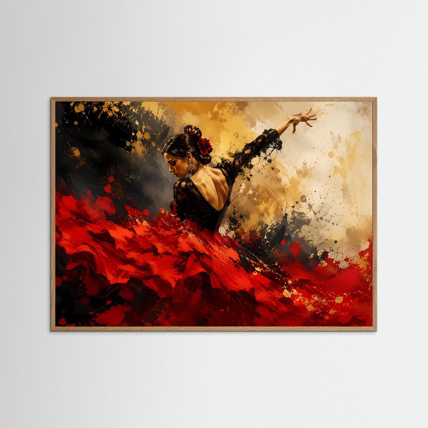 Leidenschaftliche Flamenco-Tänzerin in Rot & Gold | Modernes Abstraktes Tanz Poster Querformat