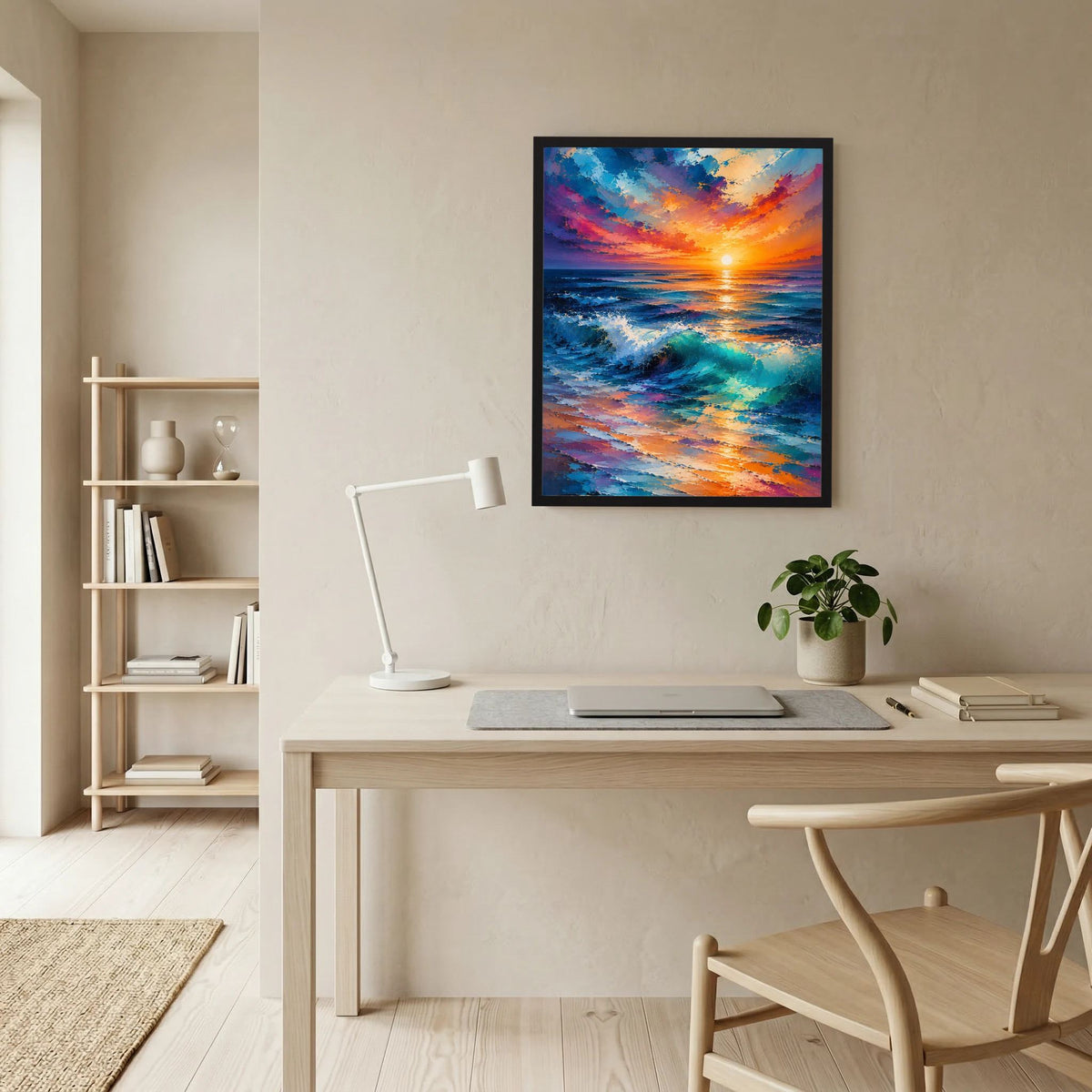 Gerahmtes Poster in Hochformat mit Sonnenuntergang über dem Meer und leuchtenden Wellen
