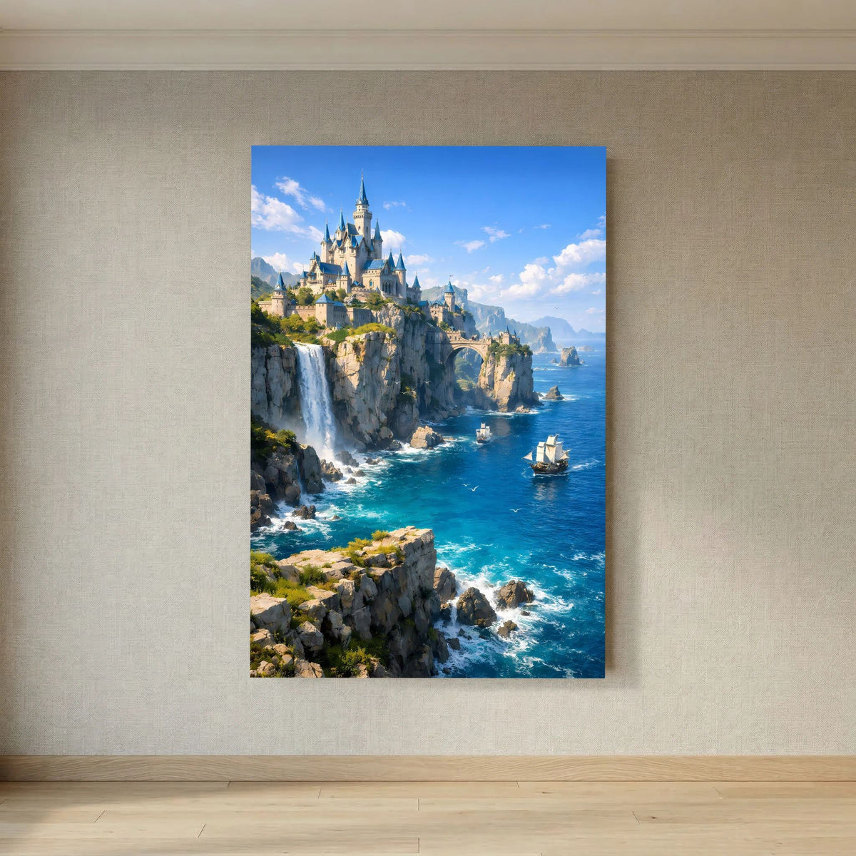 Wandposter hochkant mit blauem Rand, Schloss auf Klippen und Schiffe im Meer