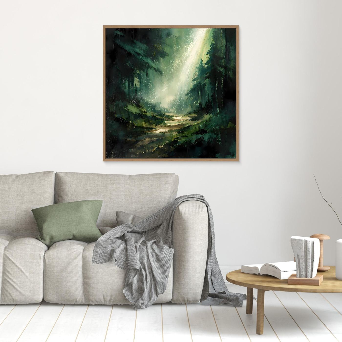 Leinwand Magischer Lichtstrahl im Wald | Abstraktes Tannenwald Wandbild Grün