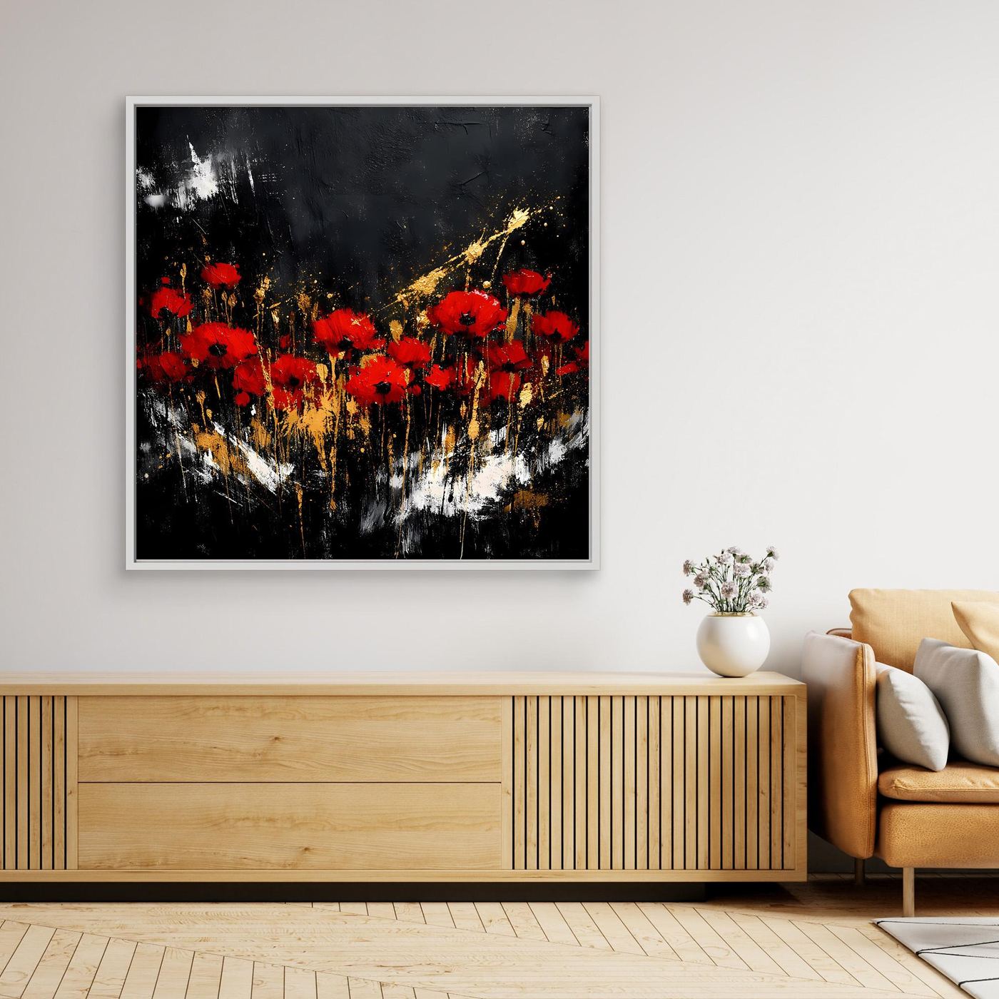 Leinwand Rote Mohnblumen mit Gold-Akzenten | Modernes Florales Wandbild Abstrakt