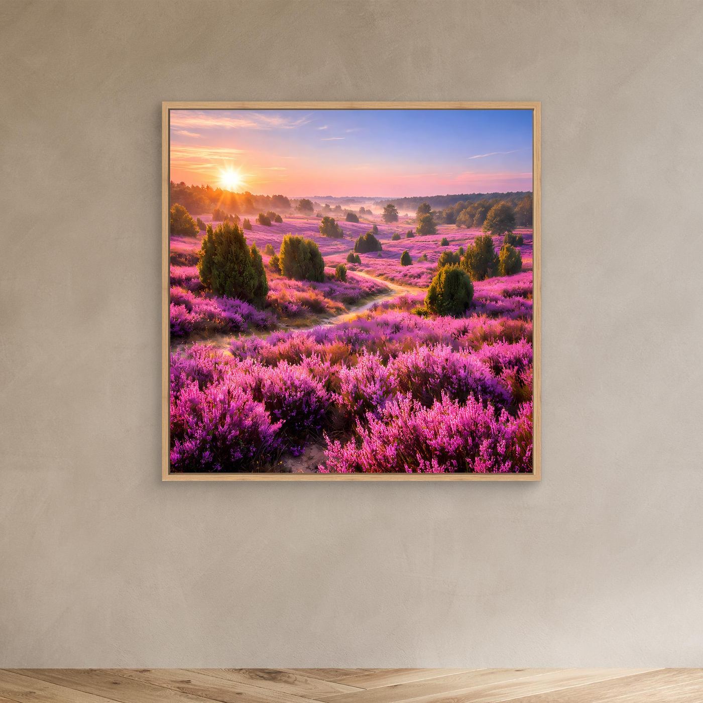 Leinwandbild Heidekrautlandschaft mit Sonnenaufgang, Holzrahmen