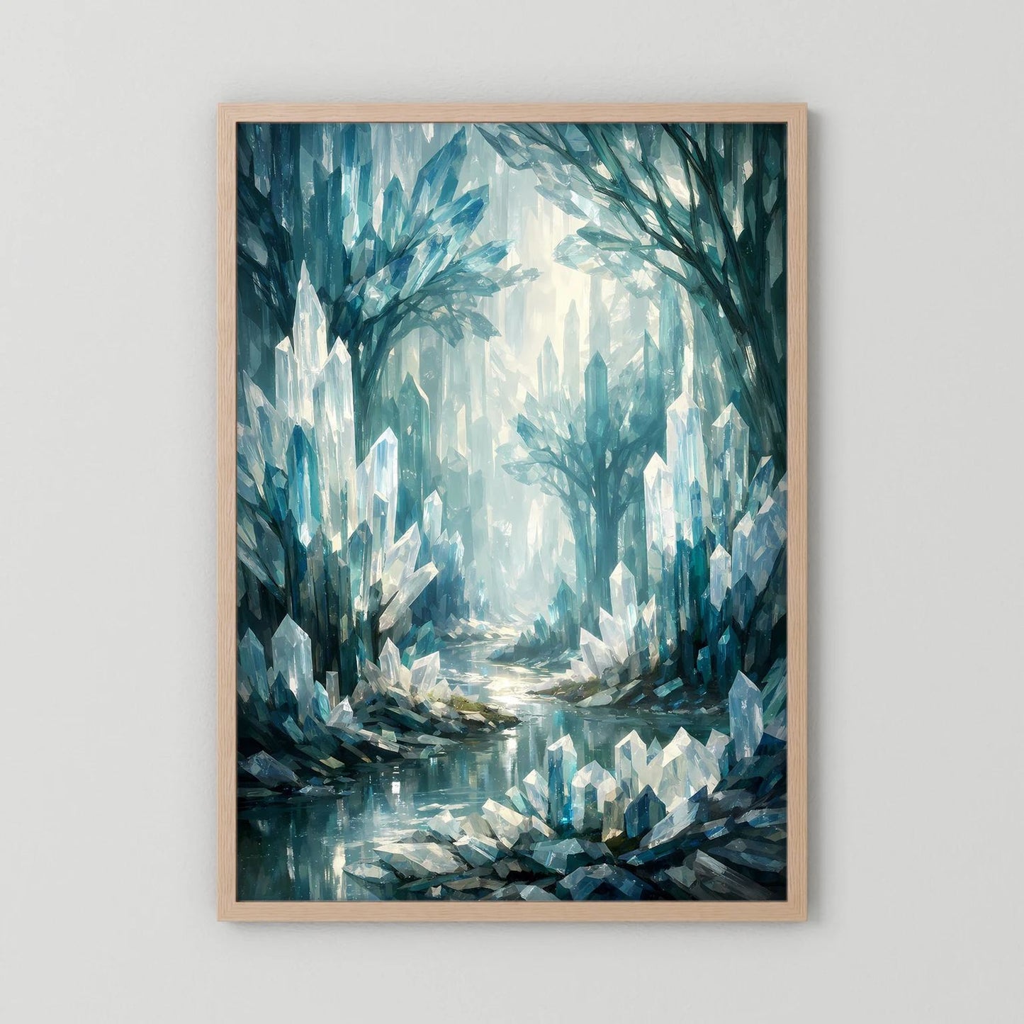 Wandbild im Holzrahmen: blauer Kristallwald mit Wasserlauf und Lichtspalten im Hochformat