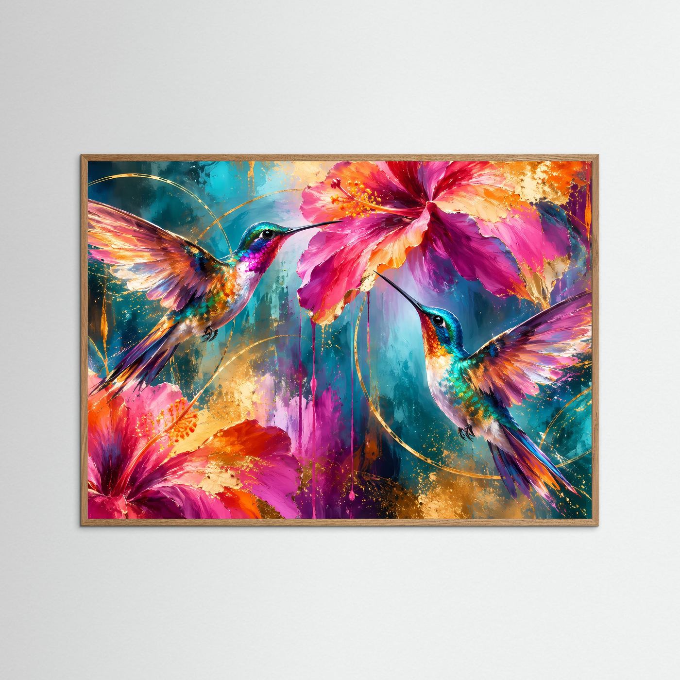 Kolibris & Hibiskusblüten in Pink & Türkis | Modernes Blumen-Poster mit Goldakzenten