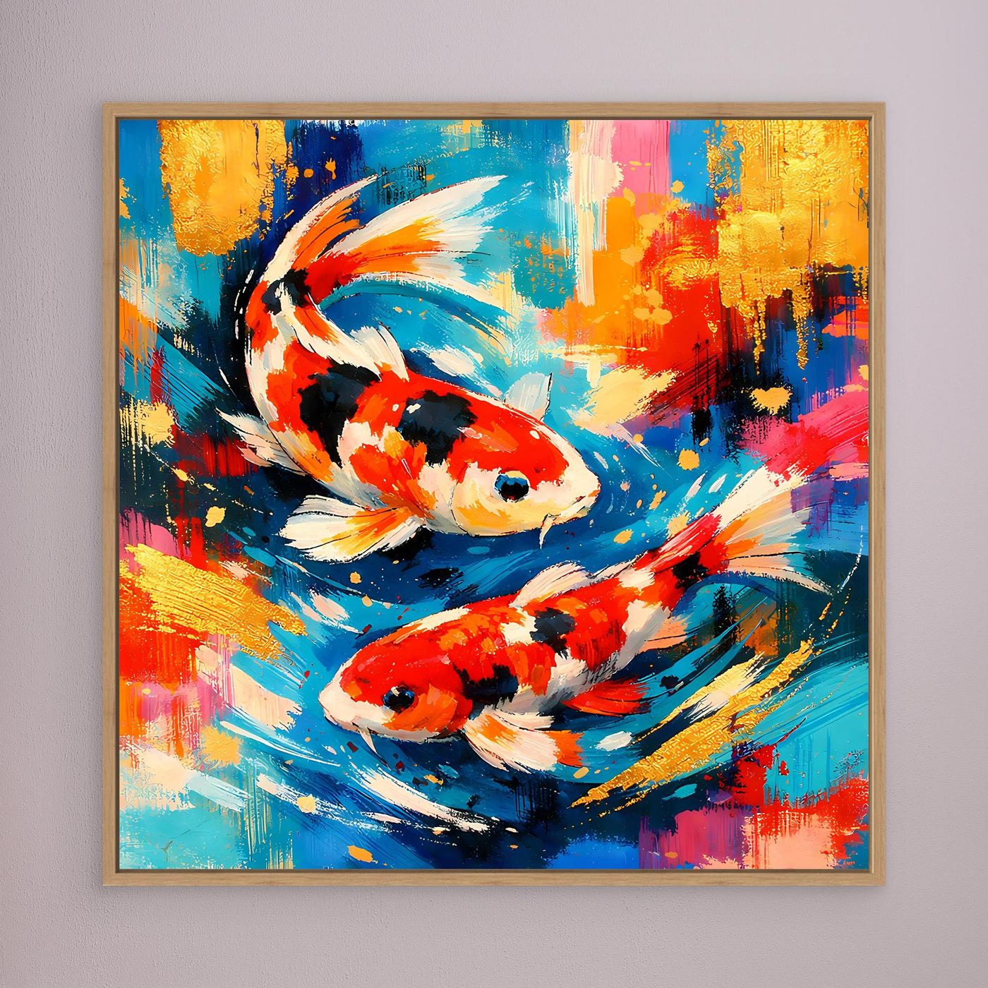 Leinwandbild mit bunten Koi-Fischen im abstrakten Pinselstil, braun gerahmt