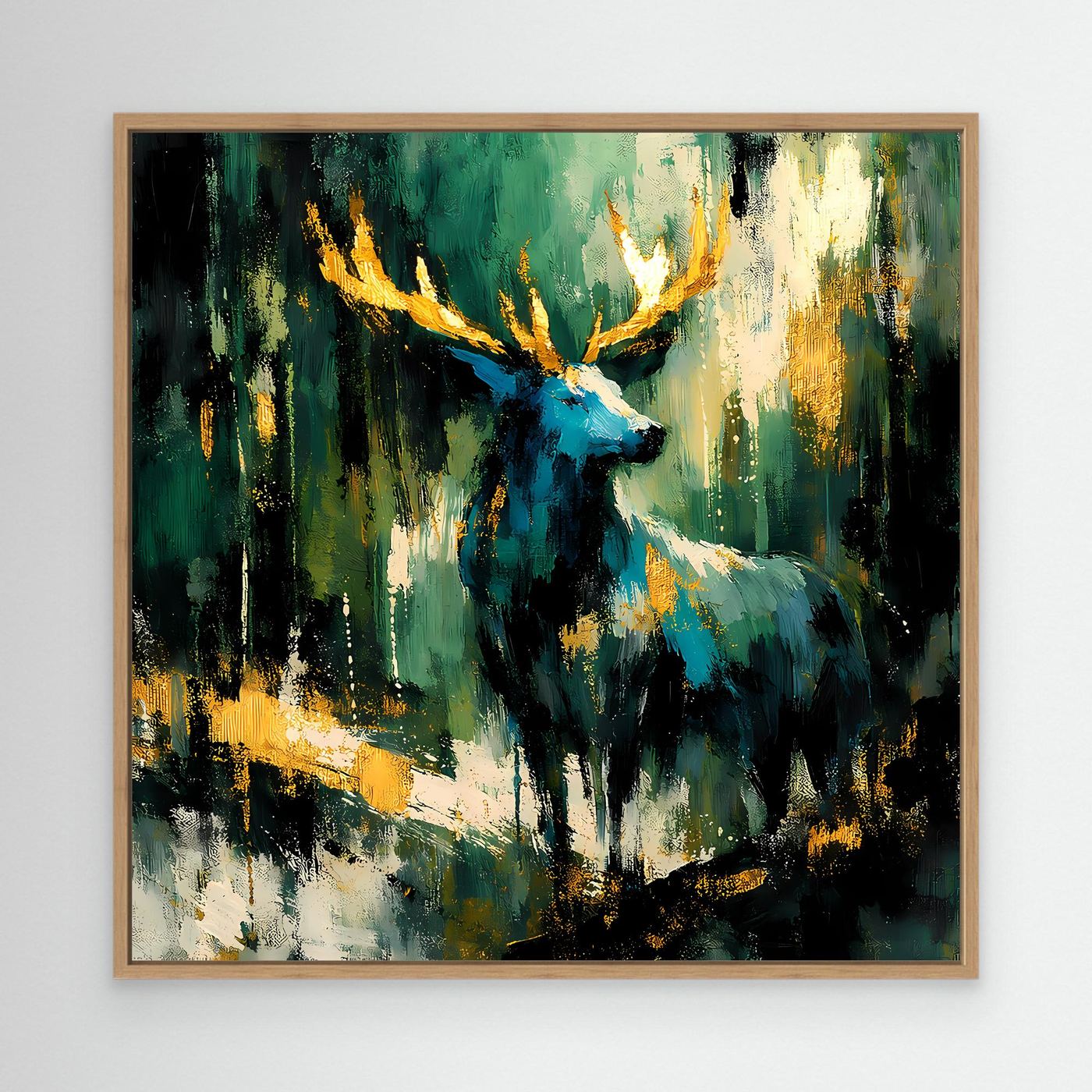Leinwand-Wandbild mit Holzrahmen und abstraktem Hirsch in Grün, Blau, Gold