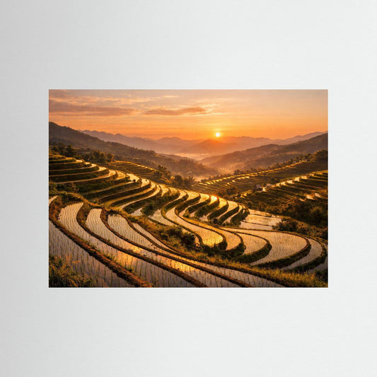 Wandposter ohne Rahmen mit Fotomotiv von Reisterrassen bei Sonnenuntergang