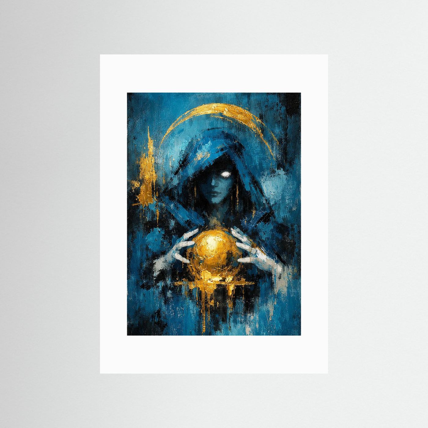 Mystisches Fantasy-Poster mit weißem Rand: blaue Figur mit goldenem Kelch