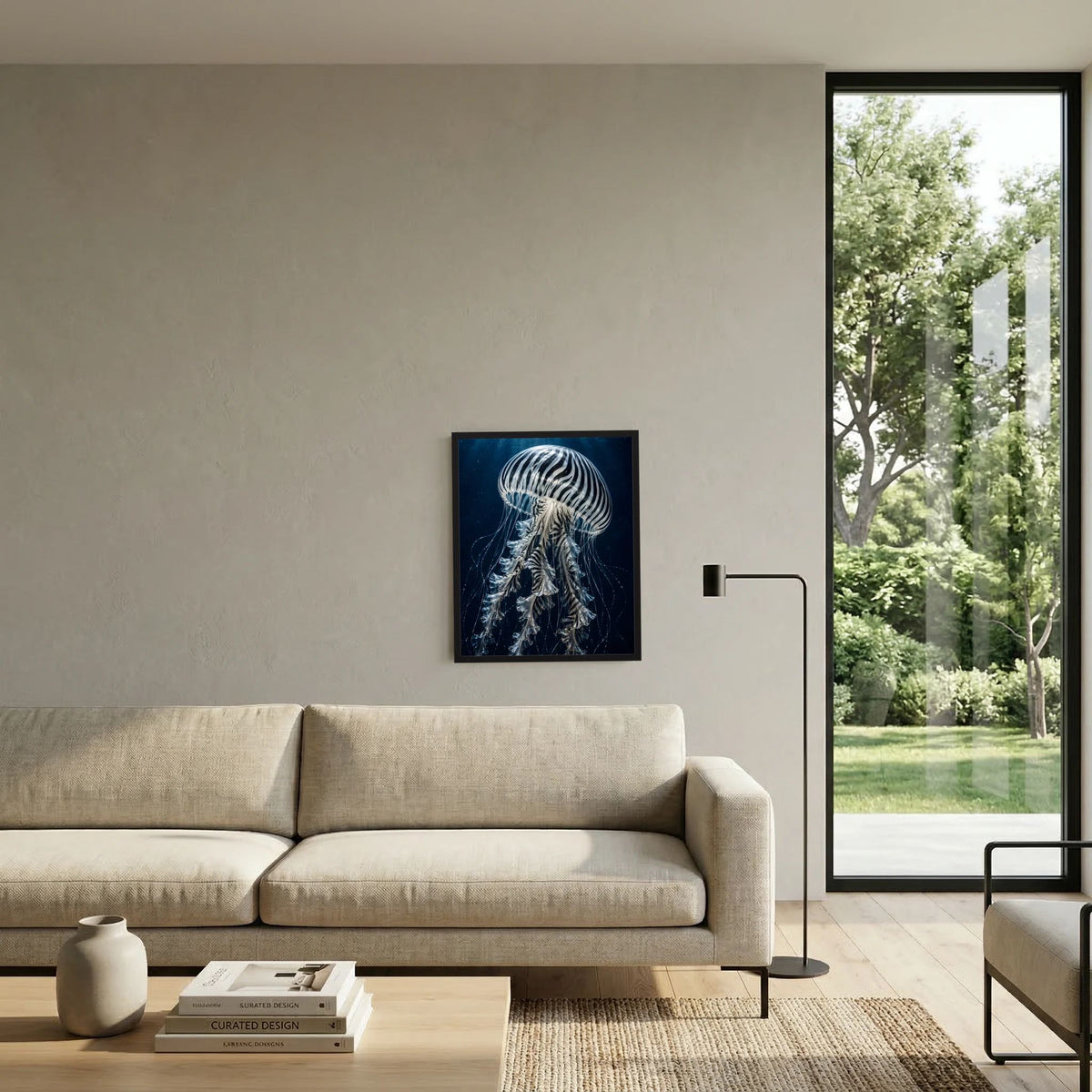 Gerahmtes Hochformatposter mit Schwarz-Weiß-Medusenmotiv in tiefem Blau