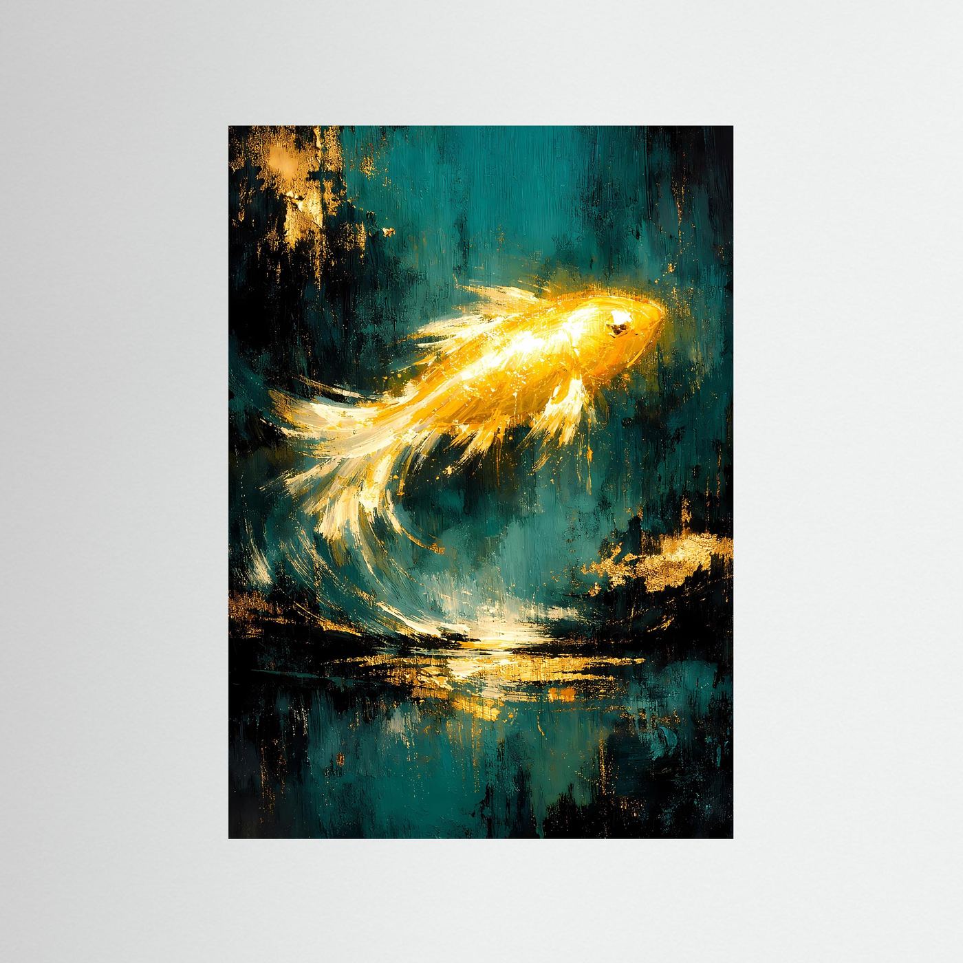 Kunstposter mit goldener Goldfisch-Silhouette, türkis-blauem abstraktem Hintergrund, hochkant