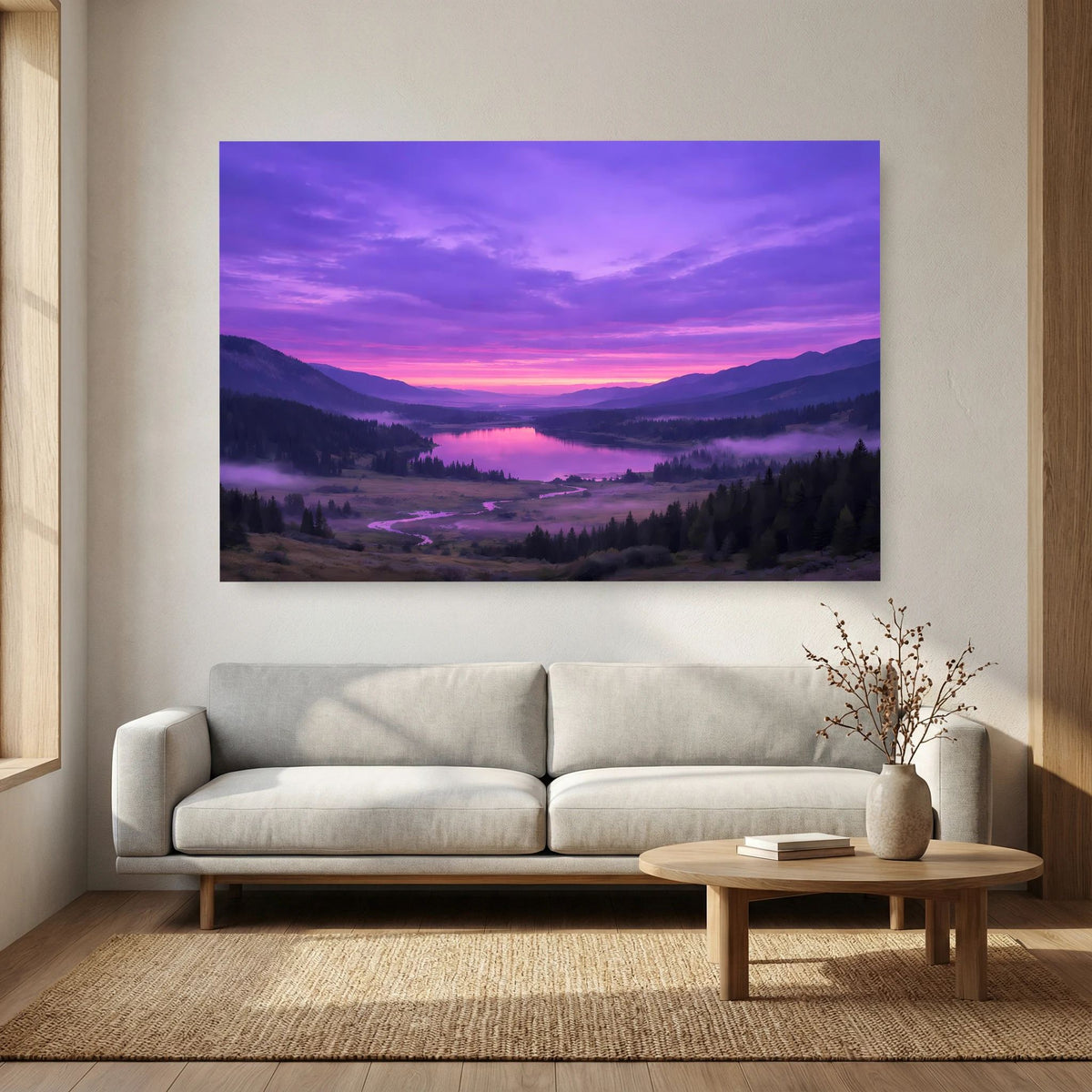 Querformatiges Wandposter mit Sonnenuntergang über See und bewaldeten Tälern