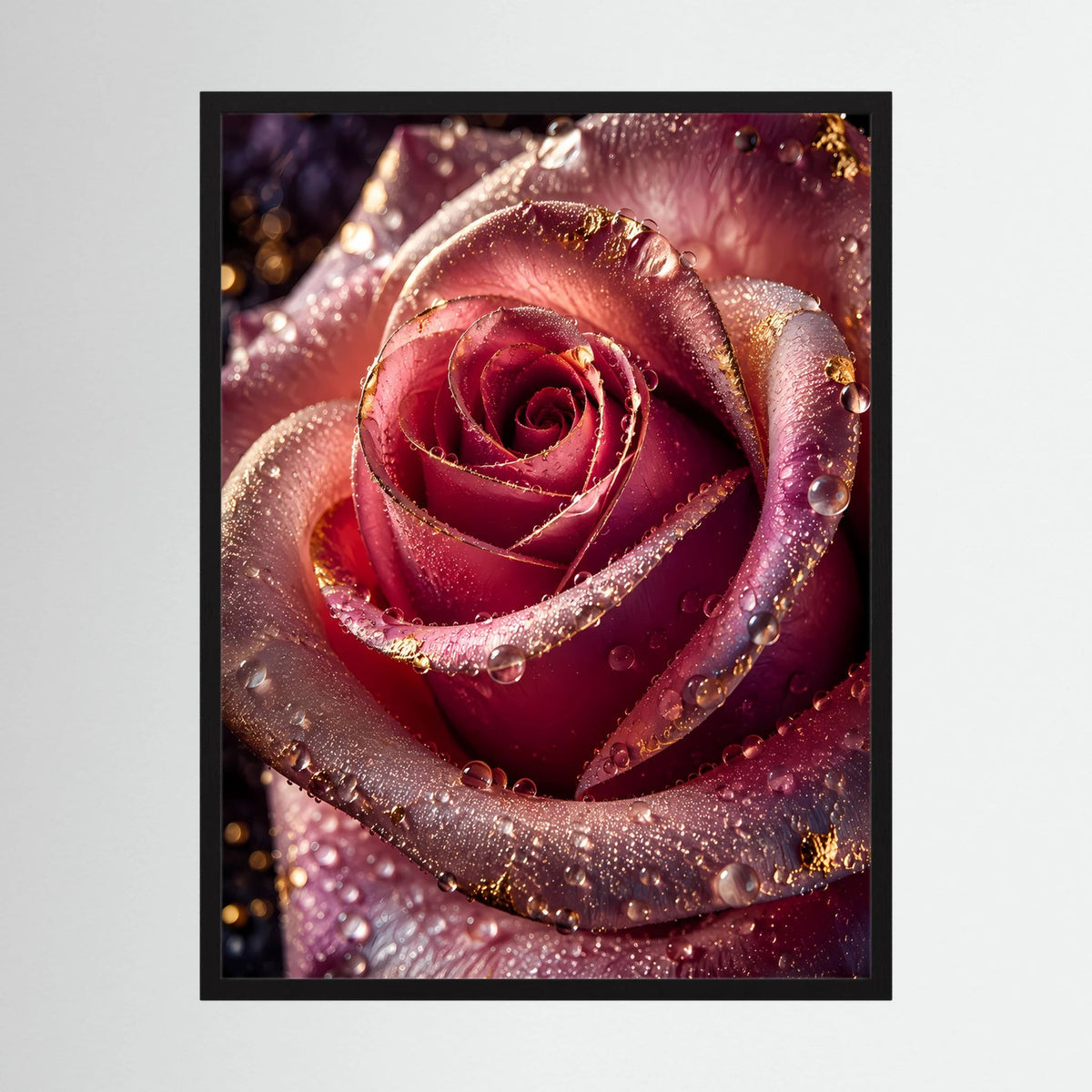 Hochformat-Poster mit roter Rose, Wassertropfen und goldenen Akzenten, schwarzer Rahmen