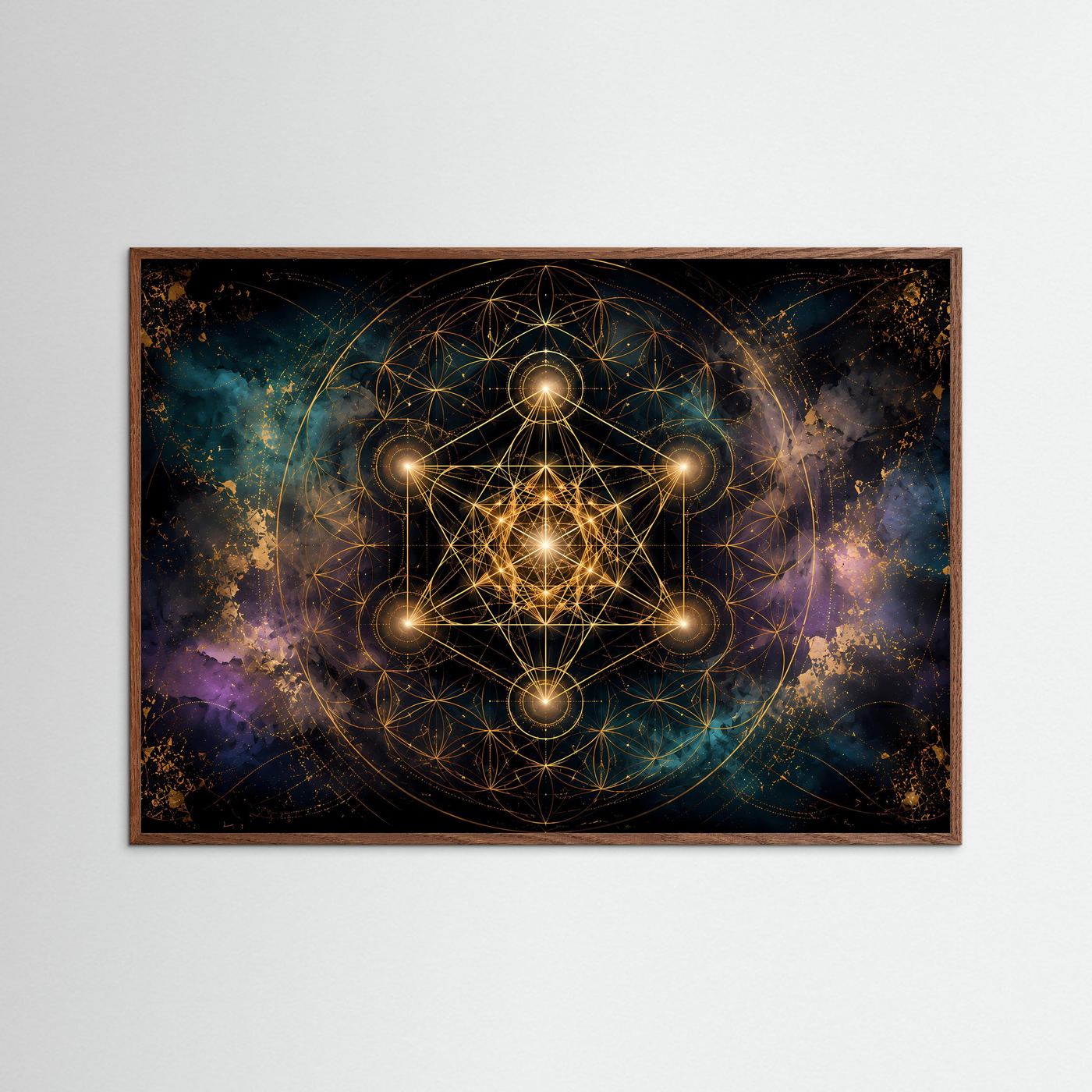 Heilige Geometrie Poster | Goldene Sacred Geometry mit Metatrons Würfel | Spirituelle Wandkunst | Kosmisches Mandala | Premium Leinwand & Wall Art