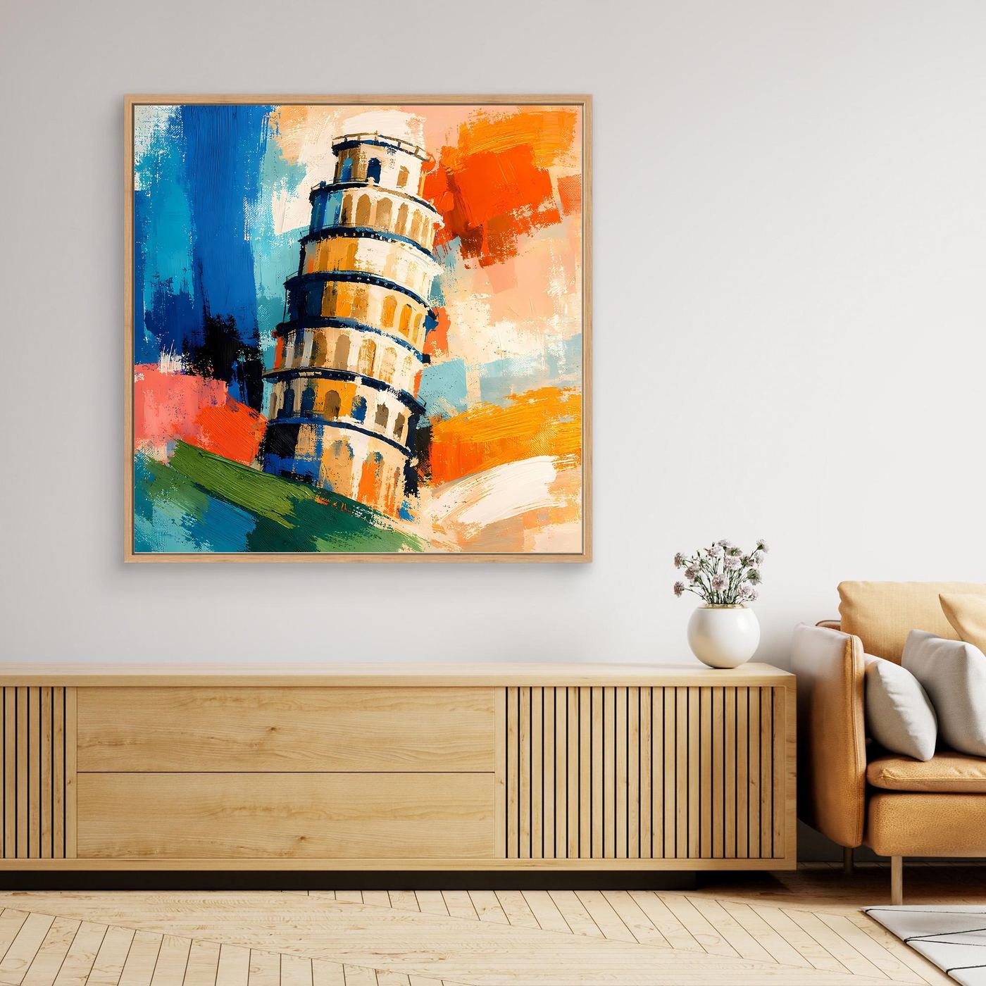 Abstract lighthouse canvas wall art with blue and orange brushstrokes, in oak frame