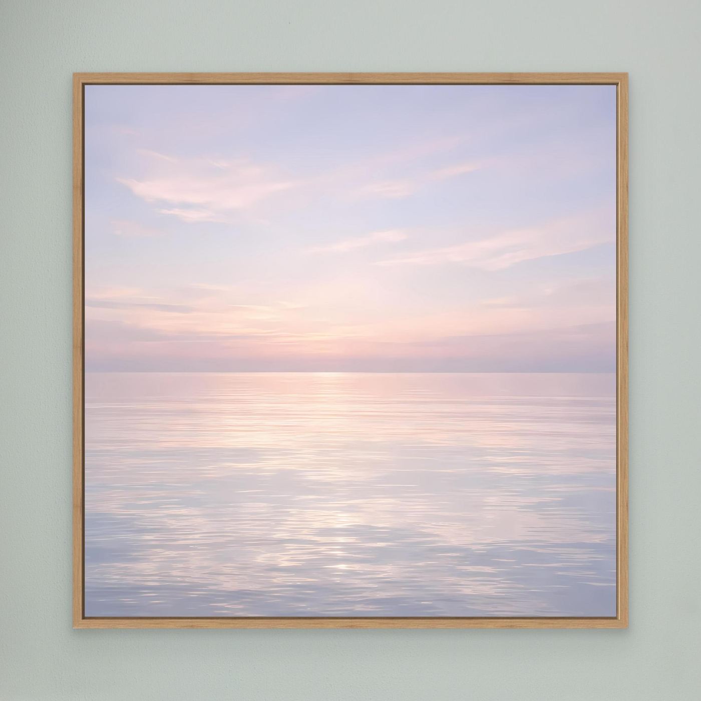 Quadratisches Leinwandbild Meer bei Sonnenuntergang, Eichenrahmen, Pastellfarben