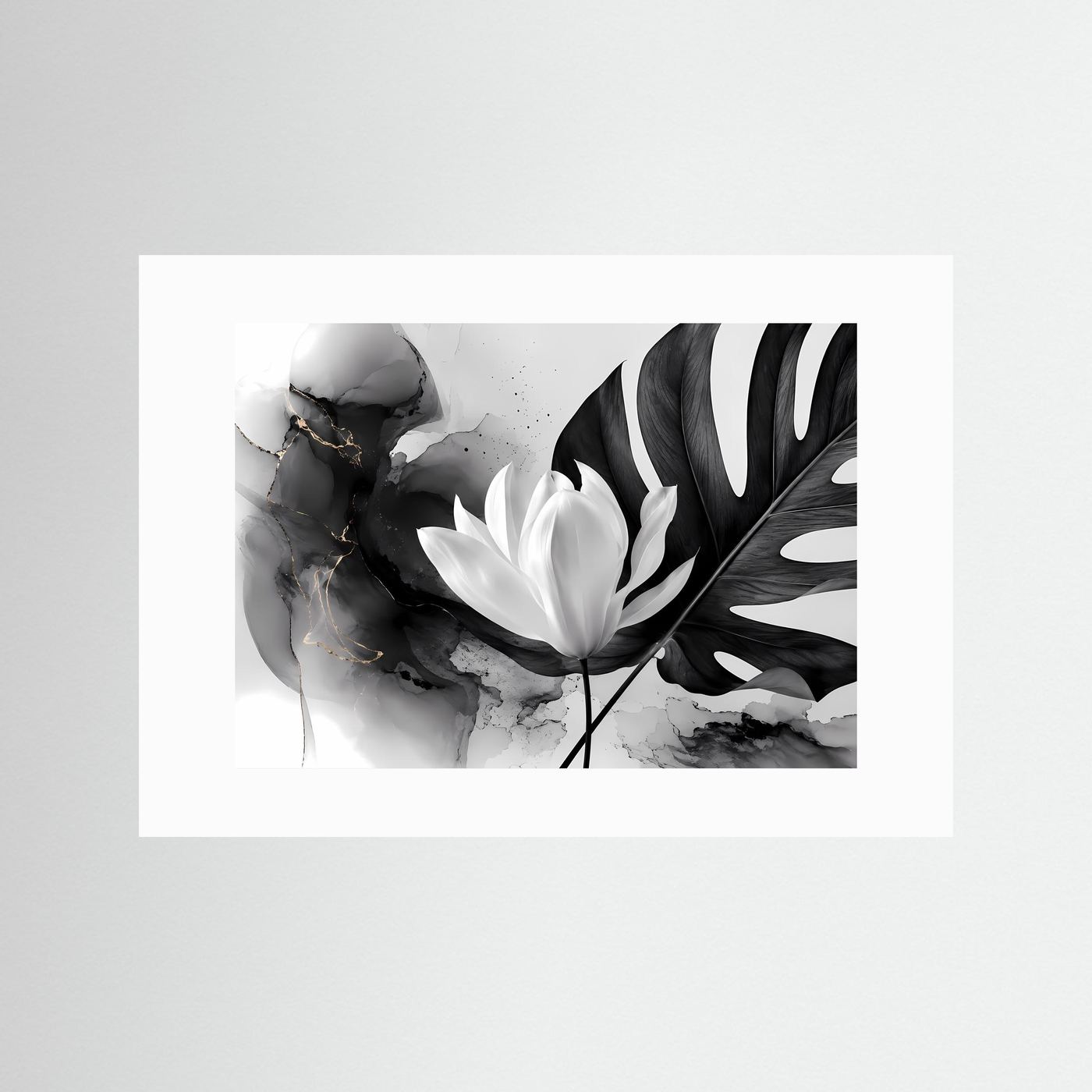 Schwarz Weiß Lotus Poster | Monstera Botanical Wandkunst | Minimalistische Blumen Kunst | Moderne Leinwand | Monochrome Natur mit Goldakzenten