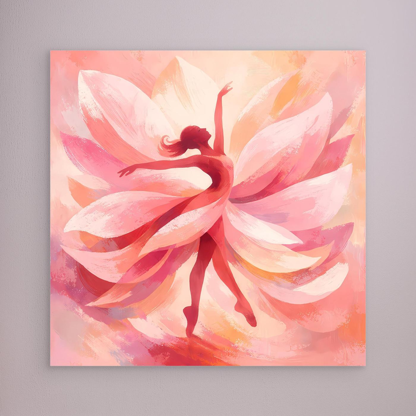 Leinwandbild mit rosa Blütenmotiv und silhouettierter Tänzerin ohne erkennbaren Rahmen