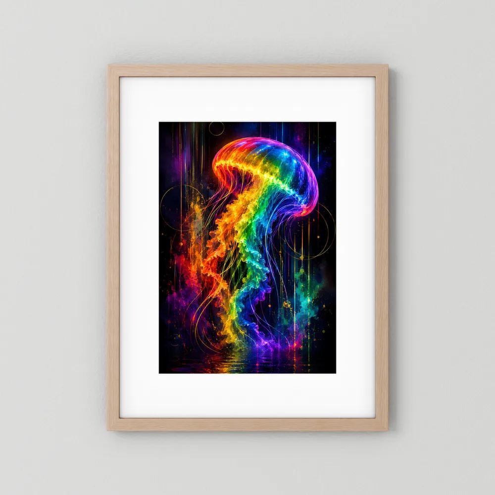 Neon-Quallenposter im hellen Holzrahmen mit weißem Passepartout und Regenbogenmotiv