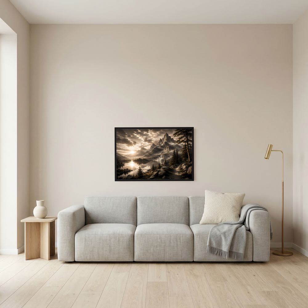 Kleines Querformat-Poster mit Bergsee-Landschaft, schwarzer Rahmen