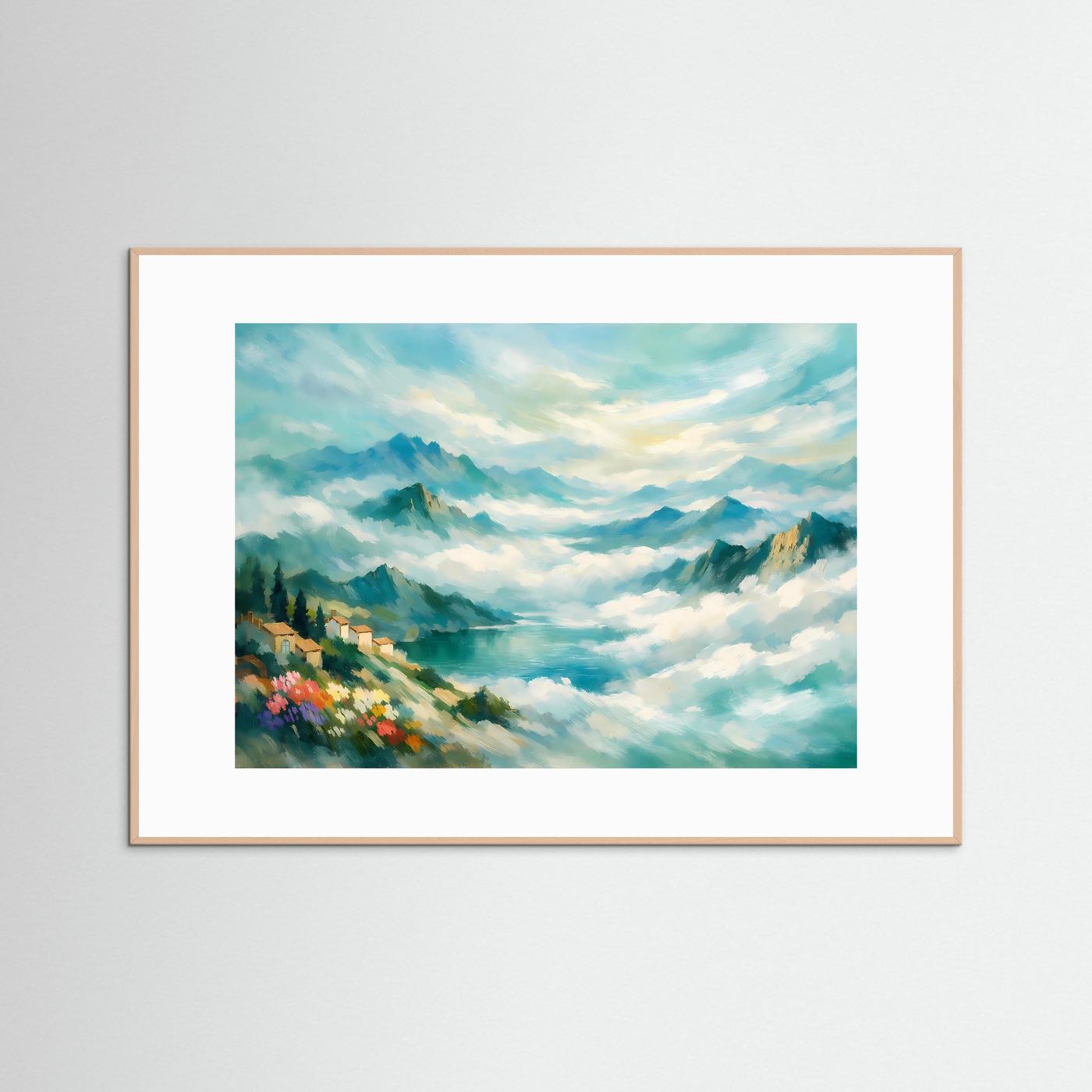 Wandbild mit bergiger Landschaft im Nebel, beigefarbener Holzrahmen, See und Wolken