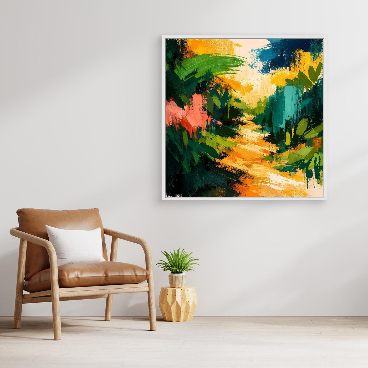 Framed abstract landscape wall art with colorful forest path brushstrokes