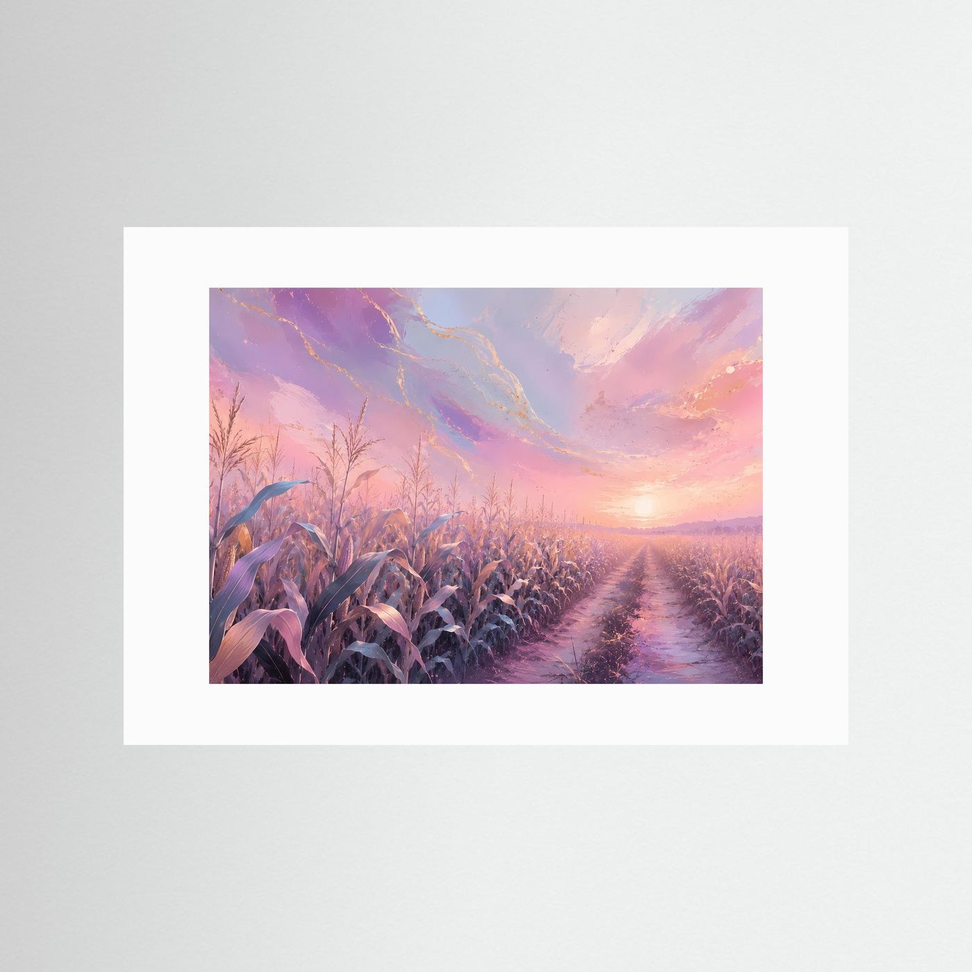 Pastellfarbenes Maisfeld im Sonnenaufgang | Romantisches Landschafts Poster Querformat
