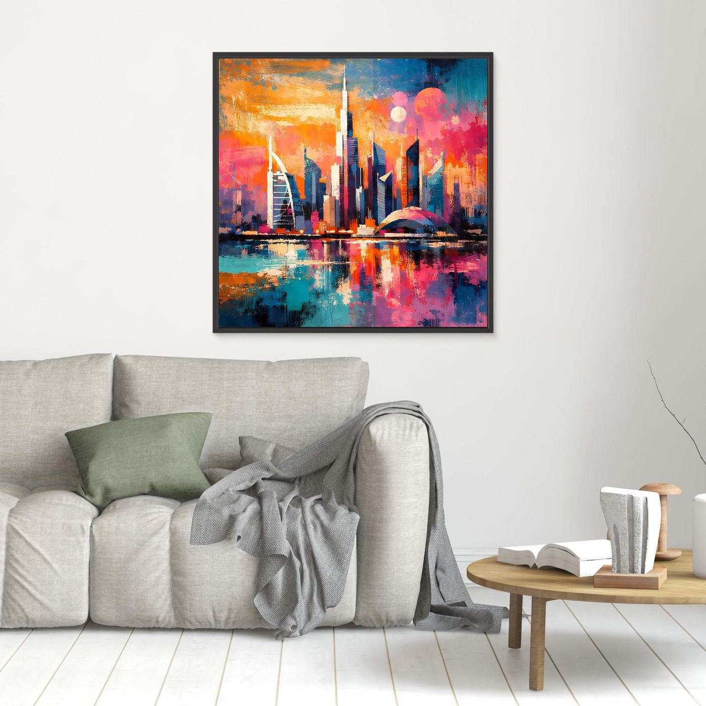 Abstraktes Wandbild mit bunter Dubai-Skyline bei Nacht, schwarzer Rahmen, kompakte Größe