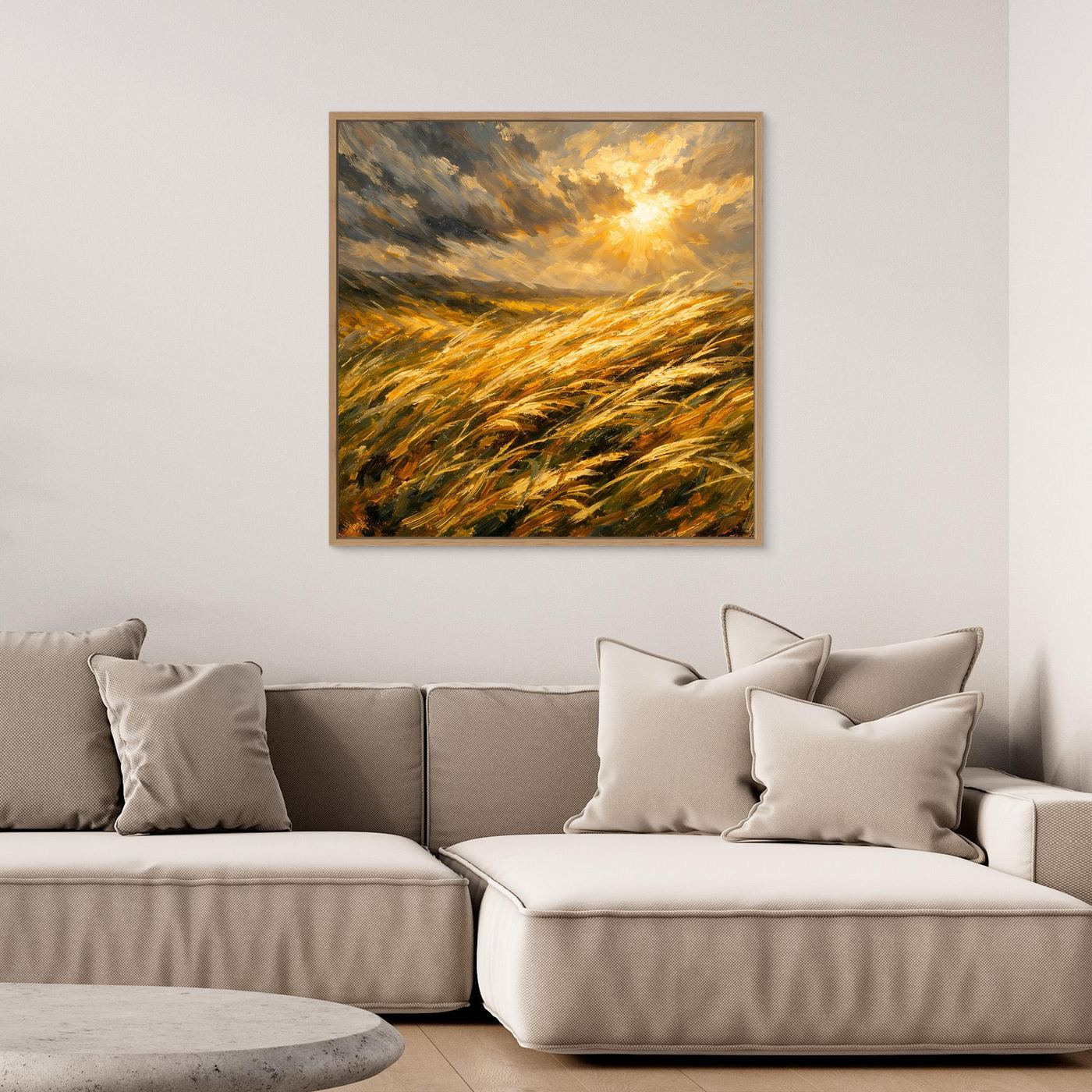 Gerahmtes Leinwandbild mit goldenem Getreidefeld und Sonne im Wind, quadratisch, Holzrahmen