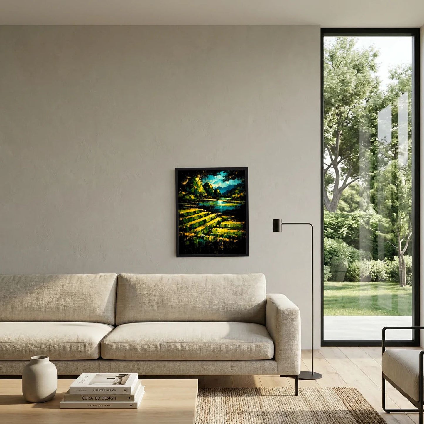 Wandposter mit schwarzem Rahmen: abstrakte Naturansicht, grün-gelbe Streifen und blauer Himmel